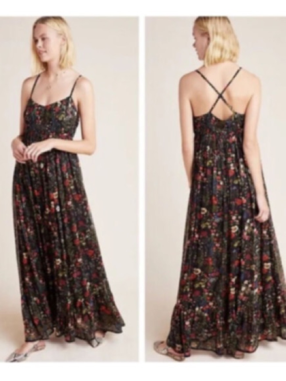 Anthropologie Black Floral Maxi Dress with Crisscross Straps